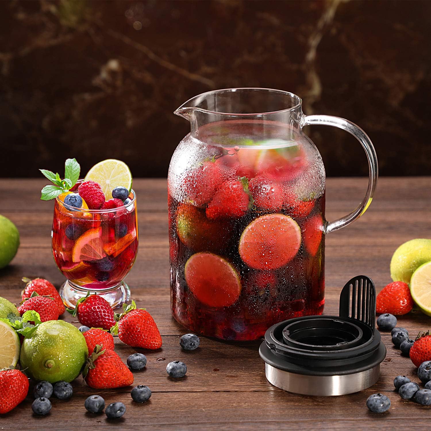 Glass Water Pitcher, Fruit Infuser Pitcher with Removable Lid, High Heat Resistance Infusion Carafe for Hot/Cold