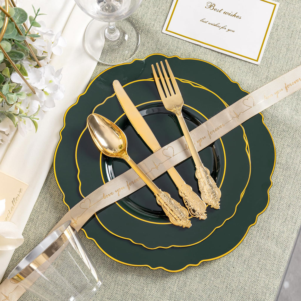 175PCS Green Plastic Plates-Emerald Green Disposable With Gold Rim-25Guest Baroque Dinnerware include 50 Plates,25Pcs