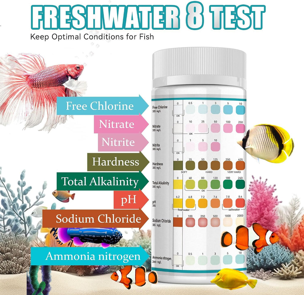 Aquarium Test Strips 8 In 1, 150ct Aquarium Ammonia Test Strips for Saltwater Freshwater Aquariums,Pond Fish Tanks
