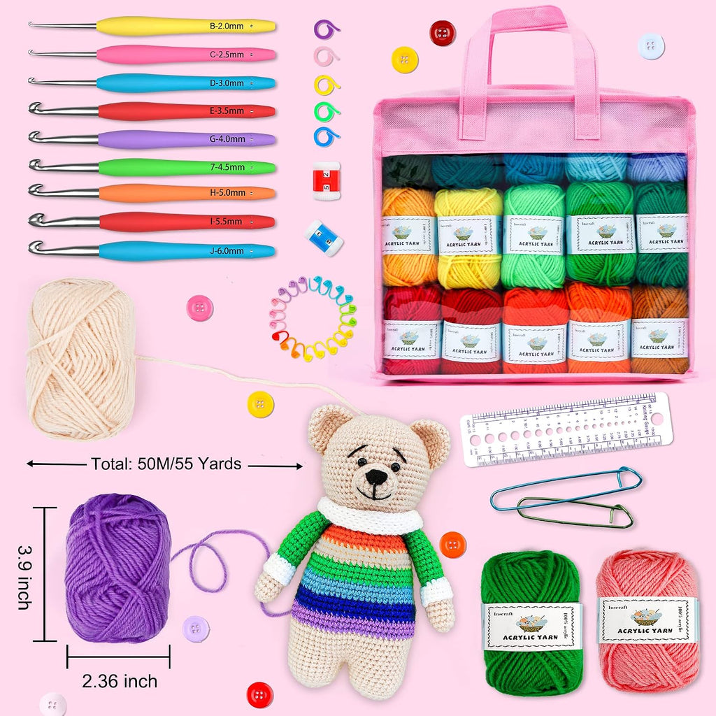 Crochet Yarn Kit for Beginners Adults and Kids, Includes 1650 Yards 30 Colors Acrylic Skeins, User Manual, Hooks