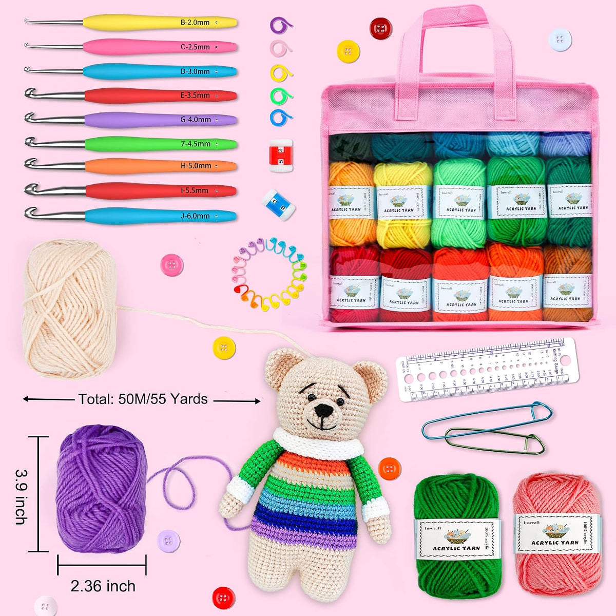 Crochet Yarn Kit for Beginners Adults and Kids, Includes 1650 Yards 30 Colors Acrylic Skeins, User Manual, Hooks