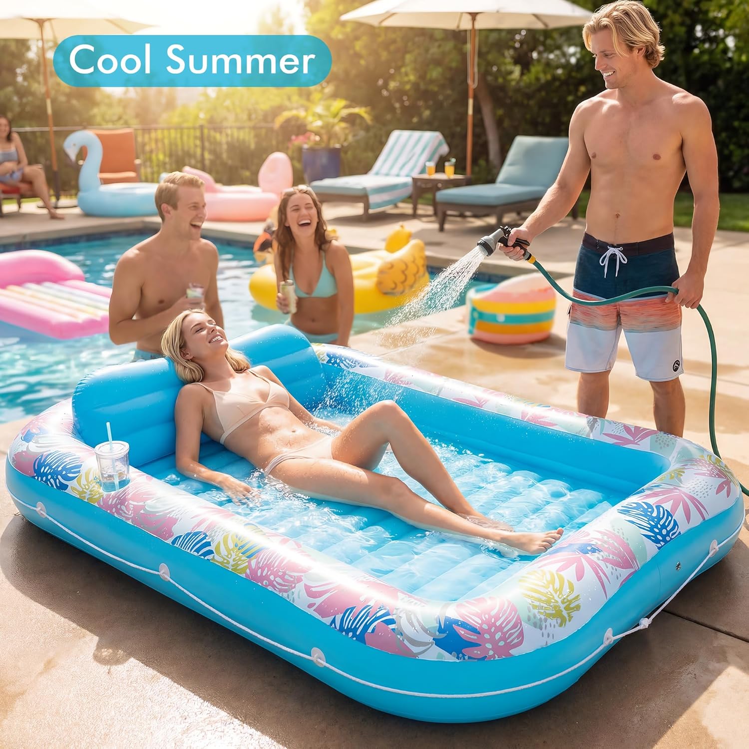 Tanning Pool Lounger Float, OKSUWATER 87" x 63" Pool Floats Adult with Headrest & Drink Holder, Blow-Up Bed Sun Tan
