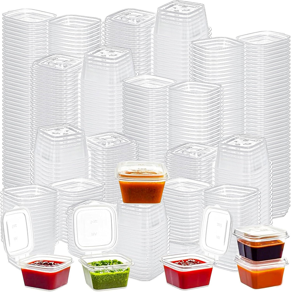 300 Pieces 1 oz Square Containers with Hinged Lids, Disposable Dipping Sauce Cups Small Plastic Condiment Cup, Leak