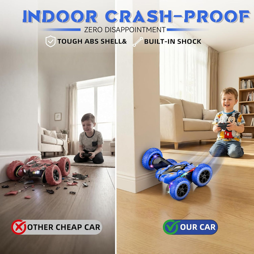 RC Car for Boy Ages 6-12: 2 Batteries 360° Stunt Rotating 4WD Remote Control Toy with Headlights, Indoor Outdoor
