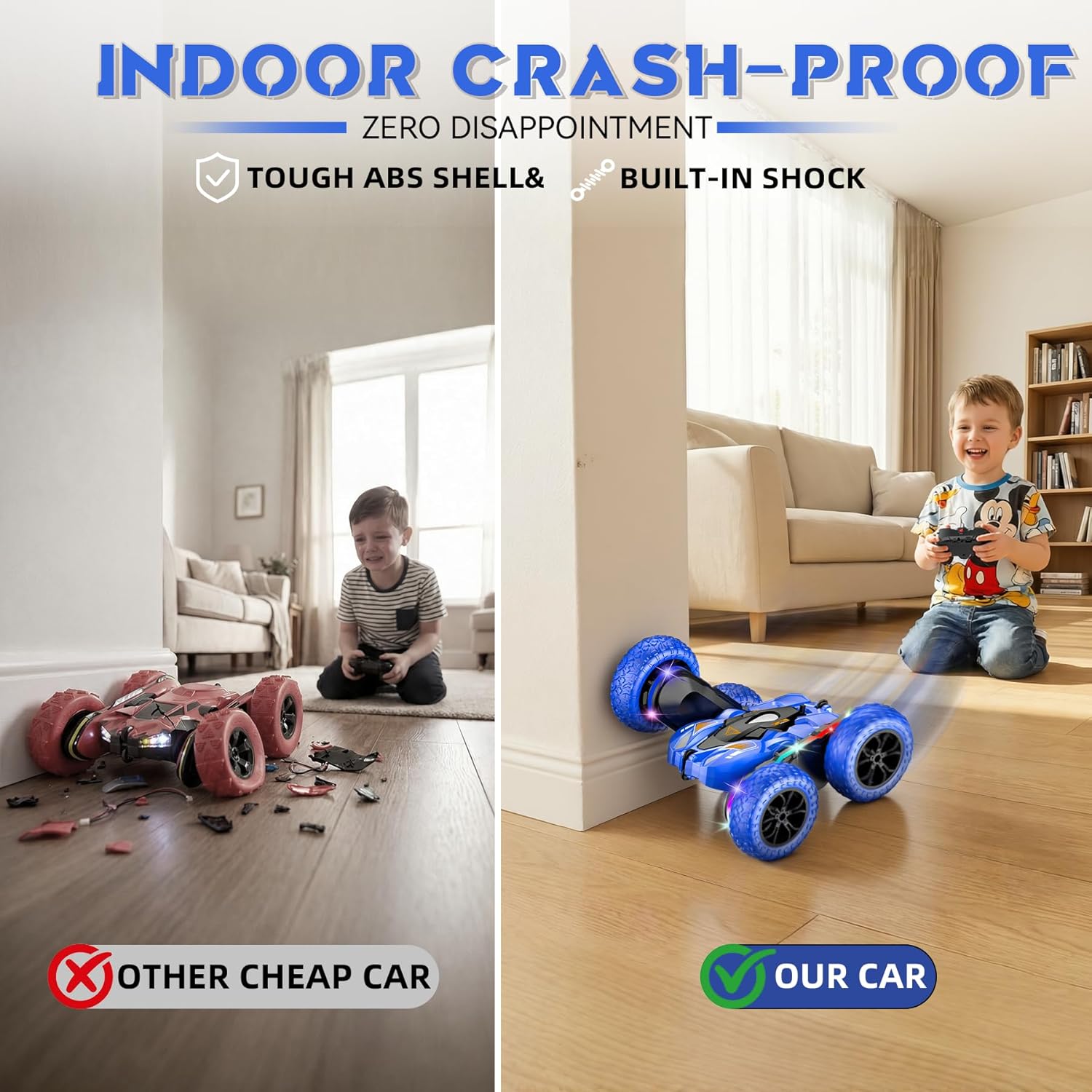 RC Car for Boy Ages 6-12: 2 Batteries 360° Stunt Rotating 4WD Remote Control Toy with Headlights, Indoor Outdoor