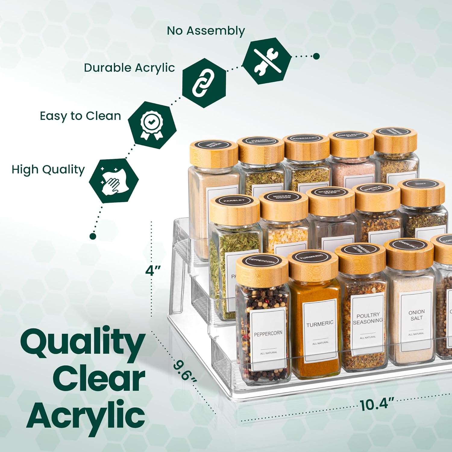 Clear Spice Rack (2-Pack) - 3-Tier Acrylic Organizer for Cabinet - Deep Spice Shelf - 10.4 x 9.6 x 4 Inches - Holds