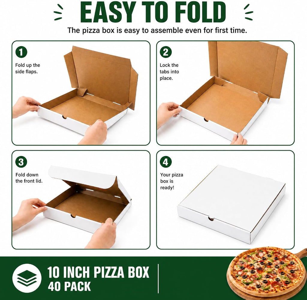40 Pack Pizza Box 10"×10", White Pizza Box, Grease-Resistant Corrugated Pizza Boxes, Take Out Food Containers Packing