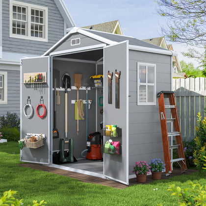 6x4 FT Outdoor Storage Resin Shed, Outdoor Shed with Floor, Gray | Plastic Shed with Lockable Doors & Slooping Roof