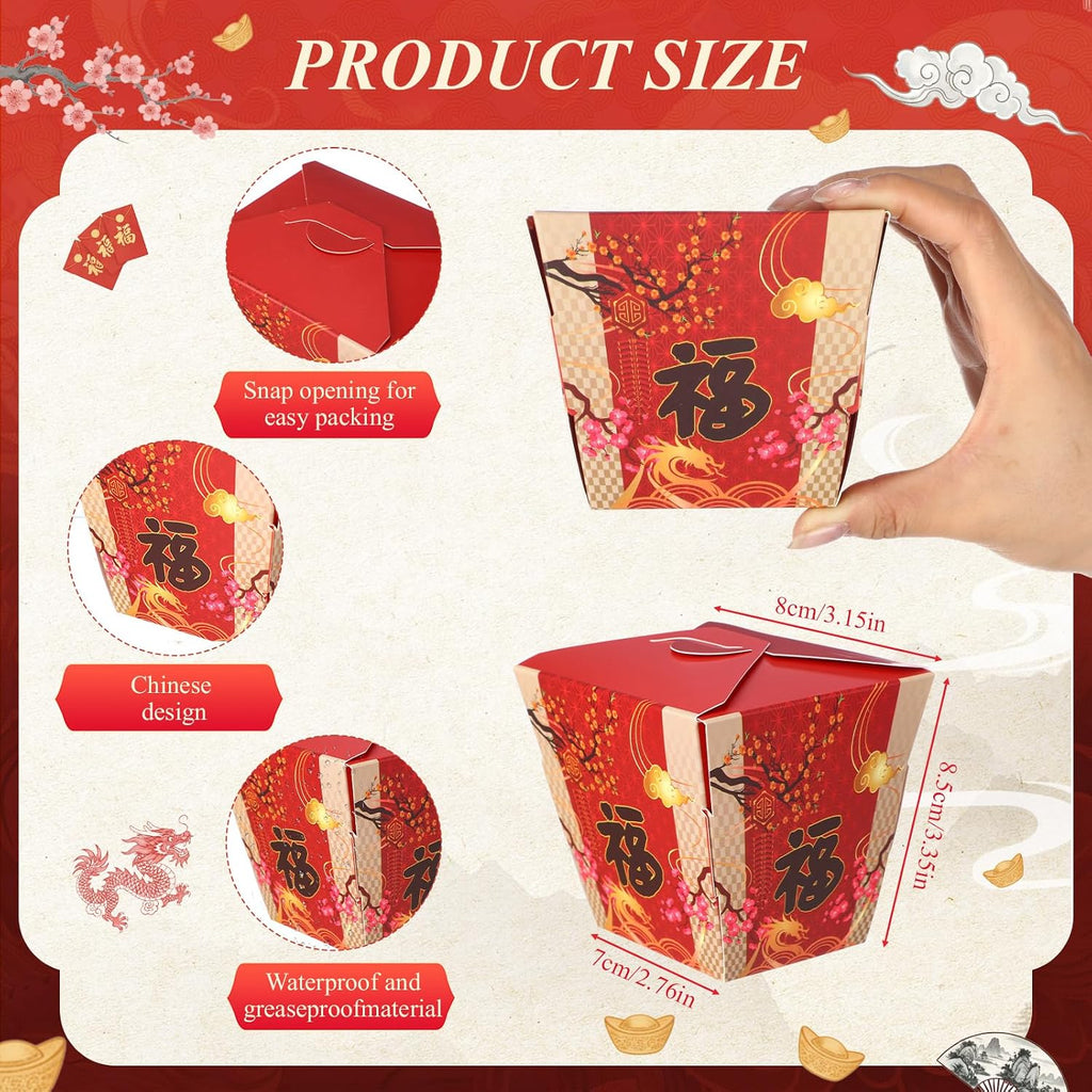 60 Pcs Chinese Fu Takeout Boxes 8oz Asian Party, Chinese Fu, Red