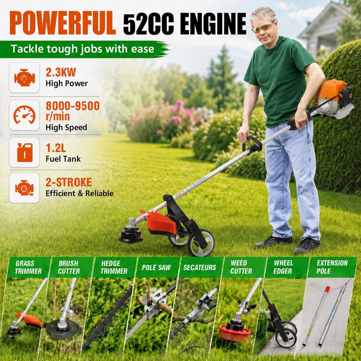 Gas Weed Eater 52cc 8-in-1, Brush Cutter, Hedge Trimmer and Pole Saw (Orange-2026)