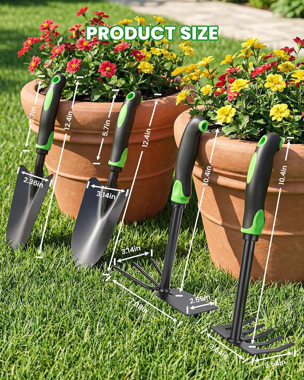 4-Piece Garden Tool Set, Heavy Duty Gardening Hand Tools with Soft Rubber Handle,Green,Premium Stailess Steel,Include