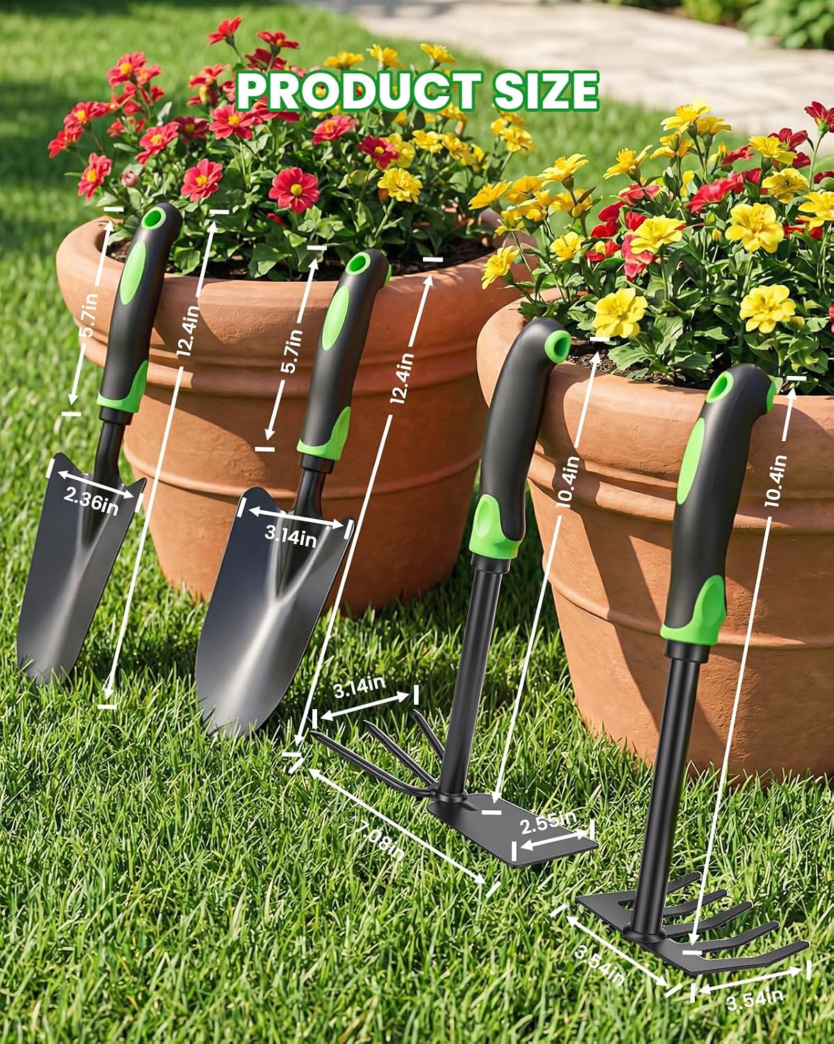 4-Piece Garden Tool Set, Heavy Duty Gardening Hand Tools with Soft Rubber Handle,Green,Premium Stailess Steel,Include