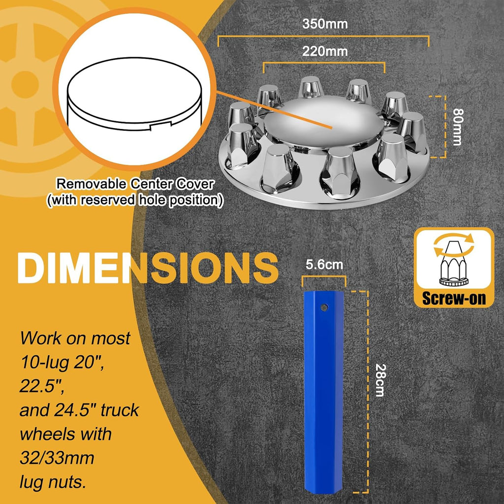 Chrome Dome 2 Front Axle Cover Kit with 32mm/33mm Thread-on Lug Nut Covers with Removable Hub Caps for Semi Truck