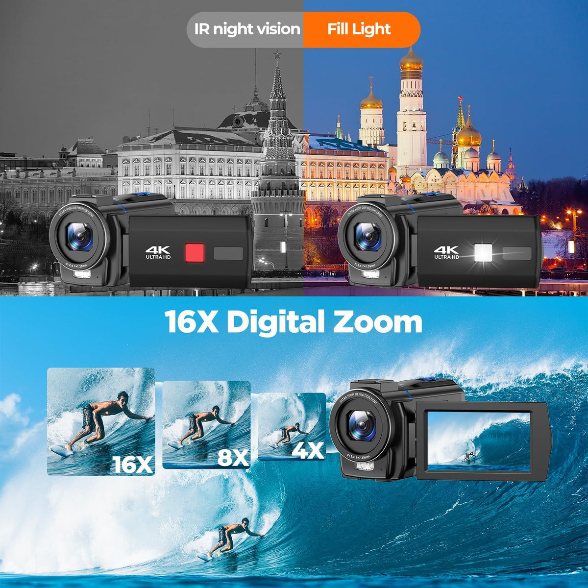 5K Video Camera Camcorder 48MP, IR Night Vision Cam Corder, 3.0" 270° Rotation Touch Screen, 16X Digital Zoom