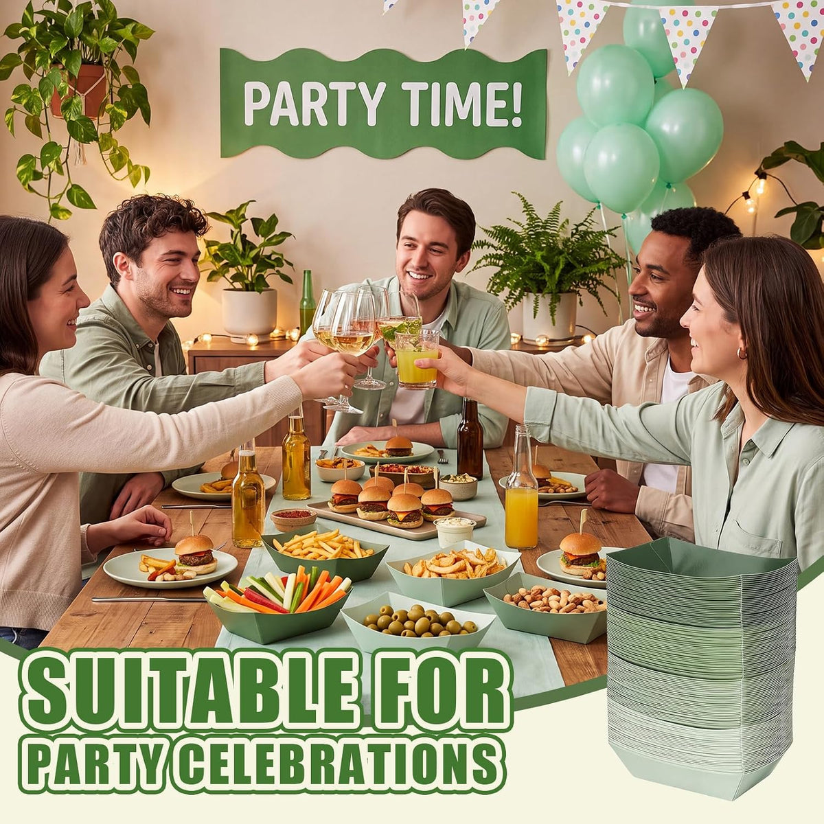 120 Pack 2lb Party Paper Food Boat Trays, Gradient Sage Green