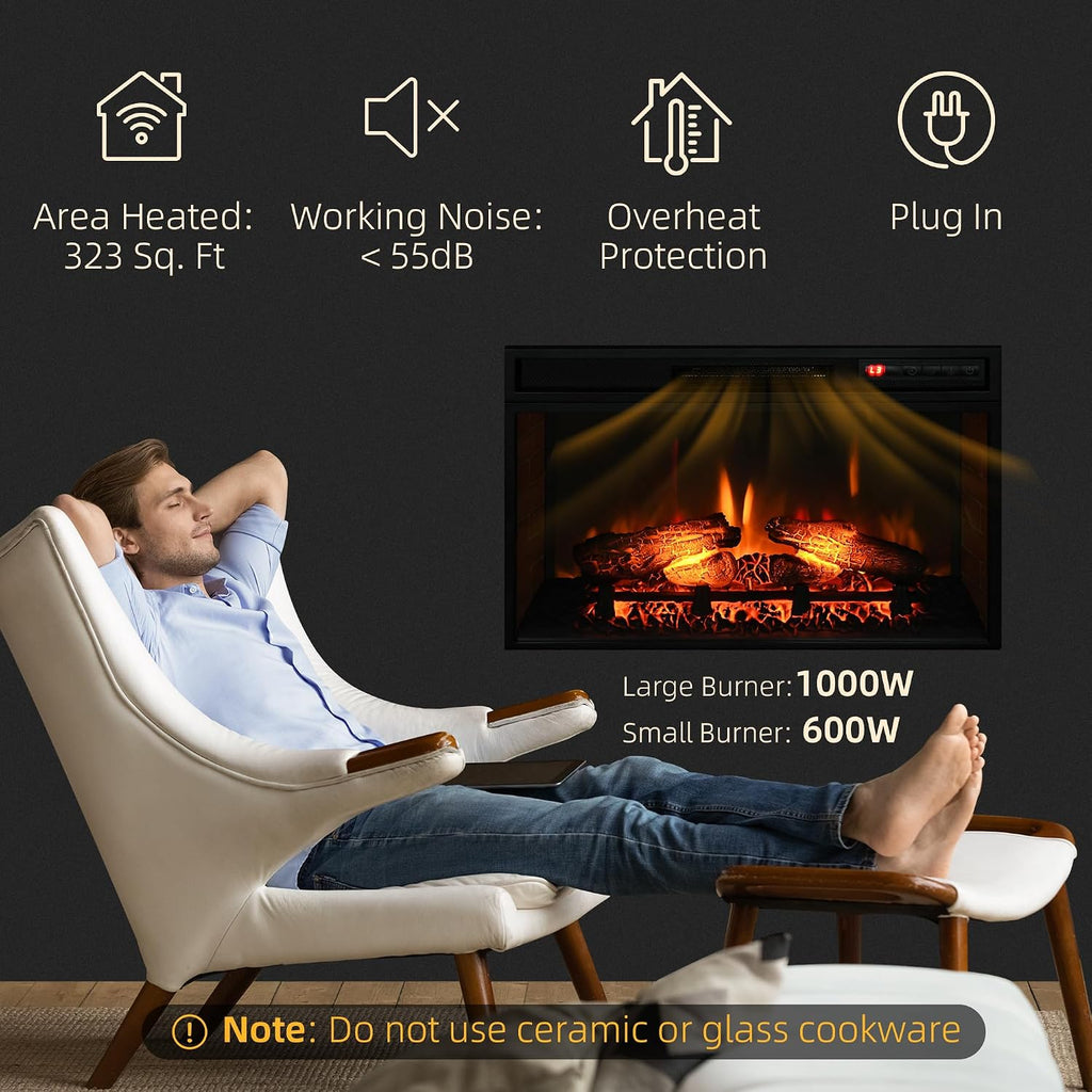 27" Electric Fireplace Insert Retro Fireplace Heater 1400W Black | Recessed, Realistic Log Flame, Remote Control