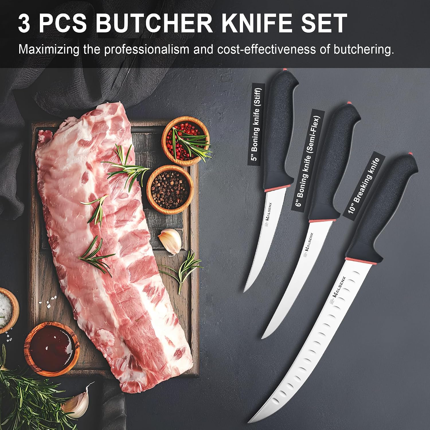 Butcher Knife Set 3PCS，Professional Meat Cutting & Deboning Kit