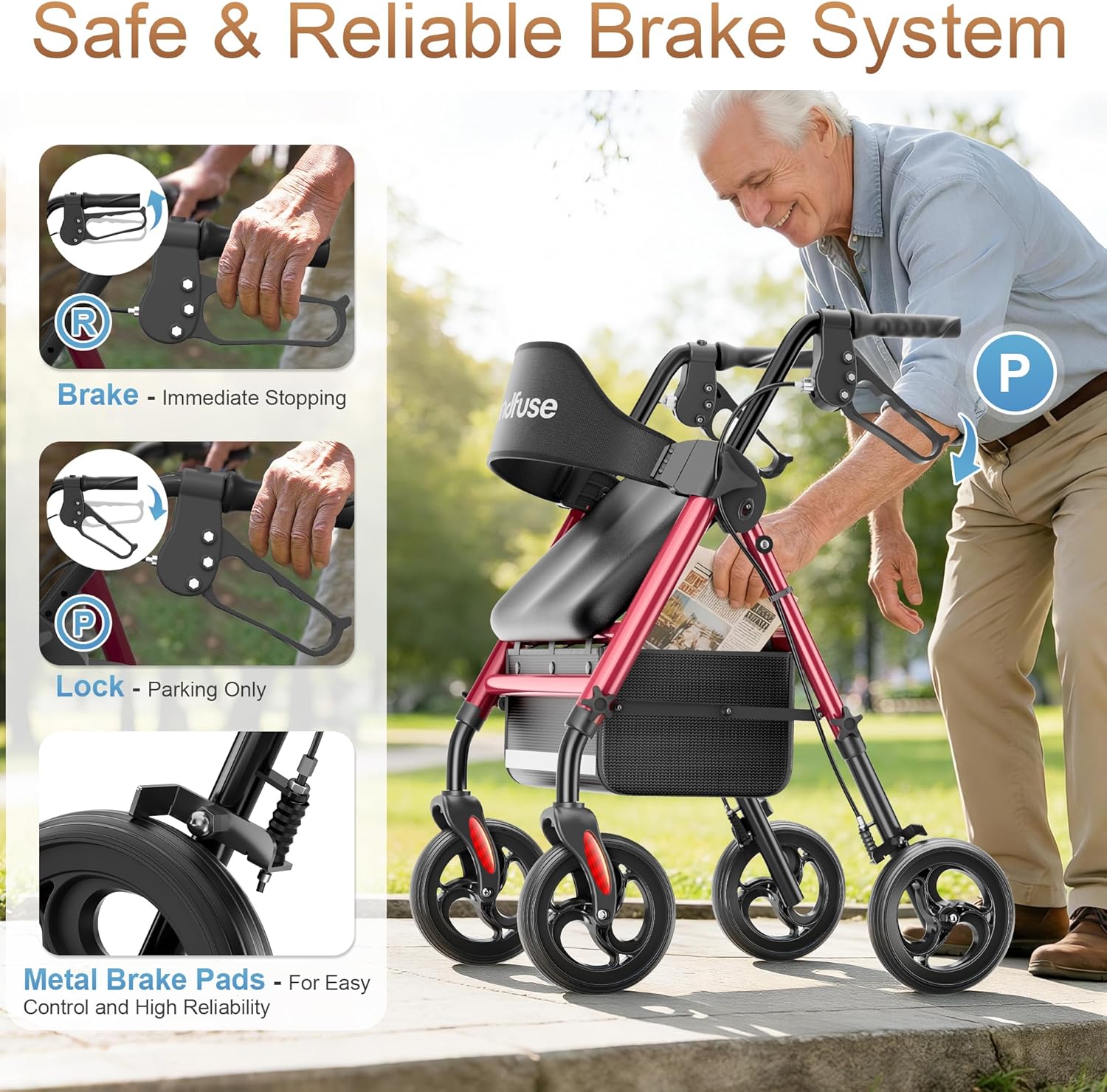 Walkers for Seniors, Rollator Walker with Seat, 8" All Terrain Wheels, Double Support Bar, 16" Ergonomic Arc Seat and