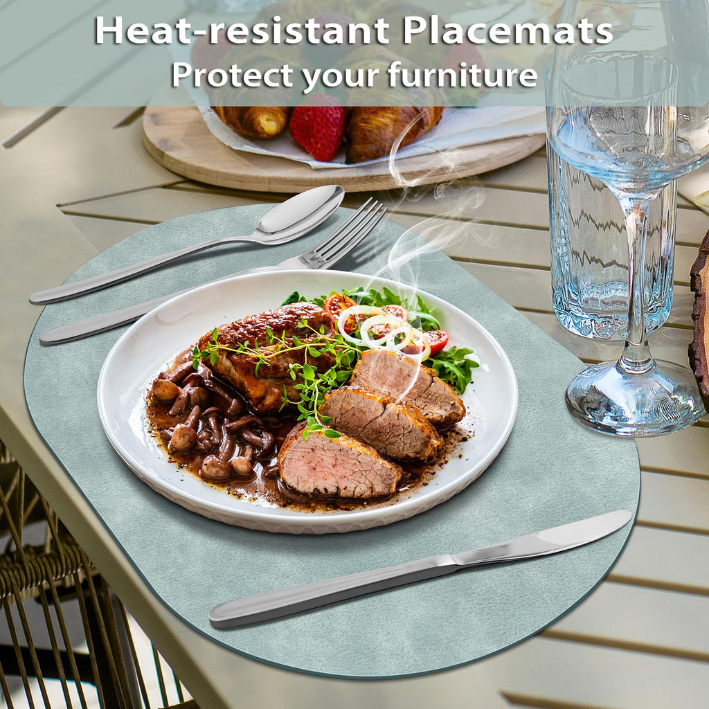 Oval Placemats Set of 12, Wipeable Faux Leather, Light Blue