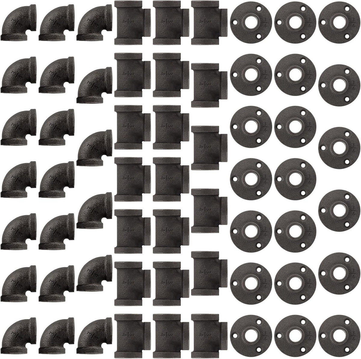 60 Pack 3/4 Inch Cast Iron Pipe Fittings with Elbows Tees Flanges