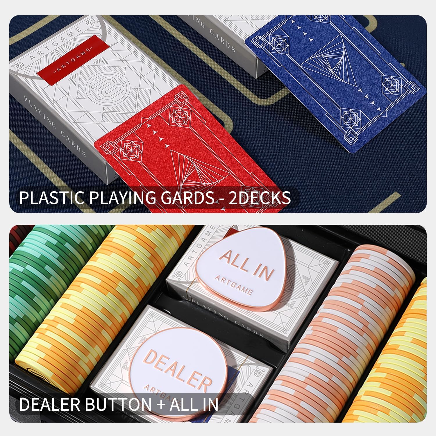 14 Gram Clay Poker Chip Set for Texas Hold’em, 300Pcs Casino Style Chips, with K-Type Aluminum Case and Dealer Buttons.