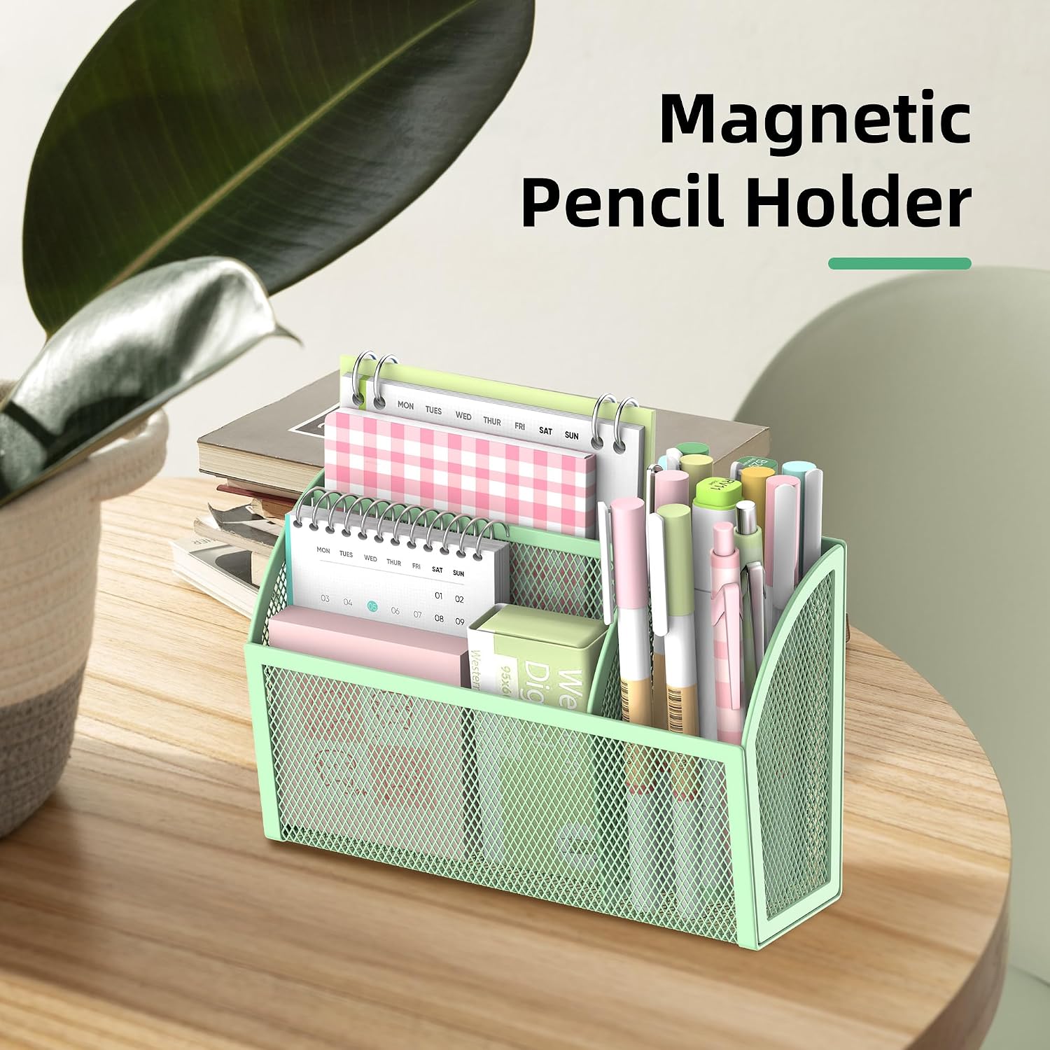 3-Grid Magnetic Pencil Holder, Strong Magnet Locker Organizer, Mint Green | Mesh Magnetic Shelf, Marker Holder