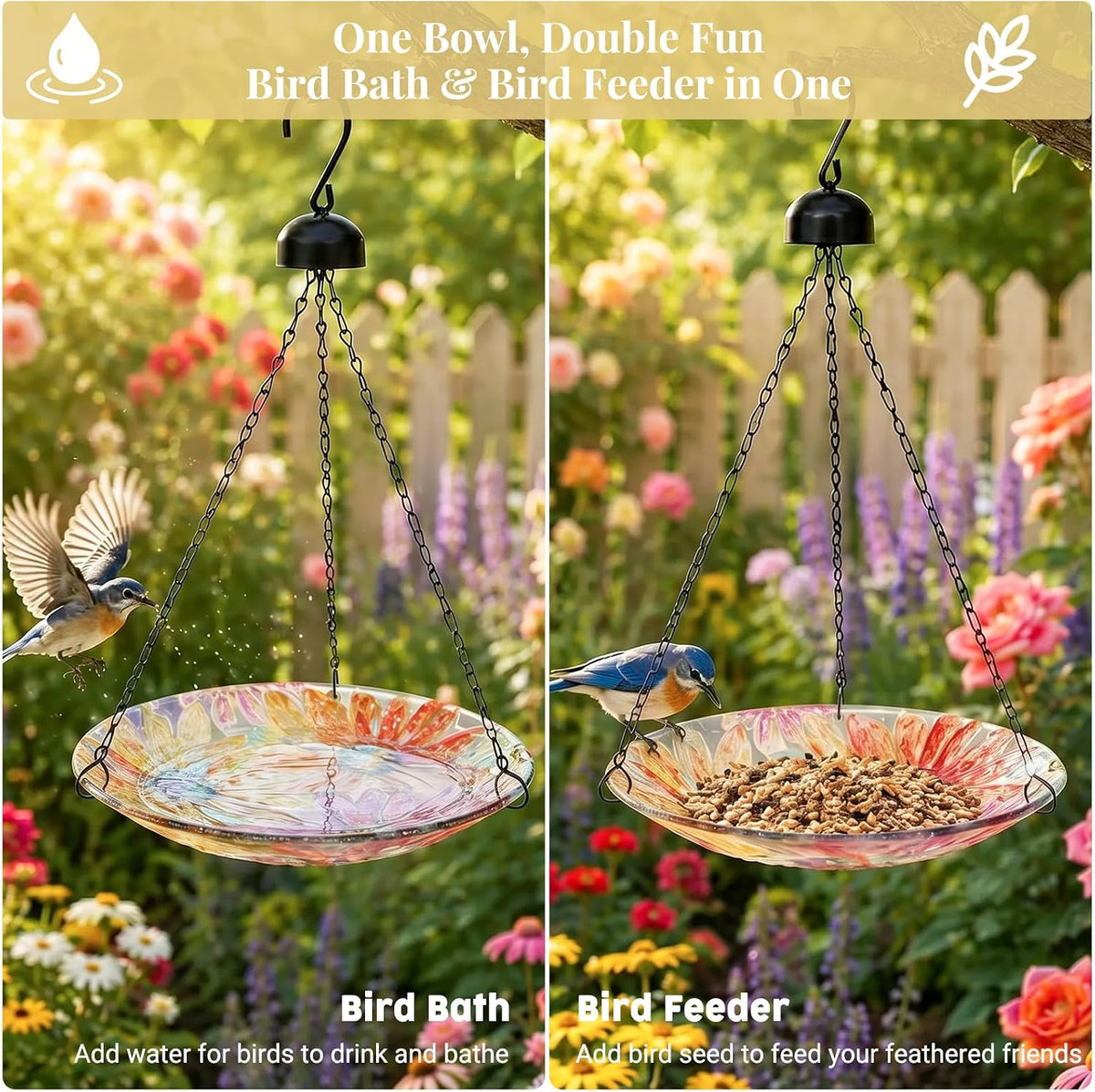 Hanging Bird Bath Outdoor Glass Bird Baths Feeder for Garden Decor