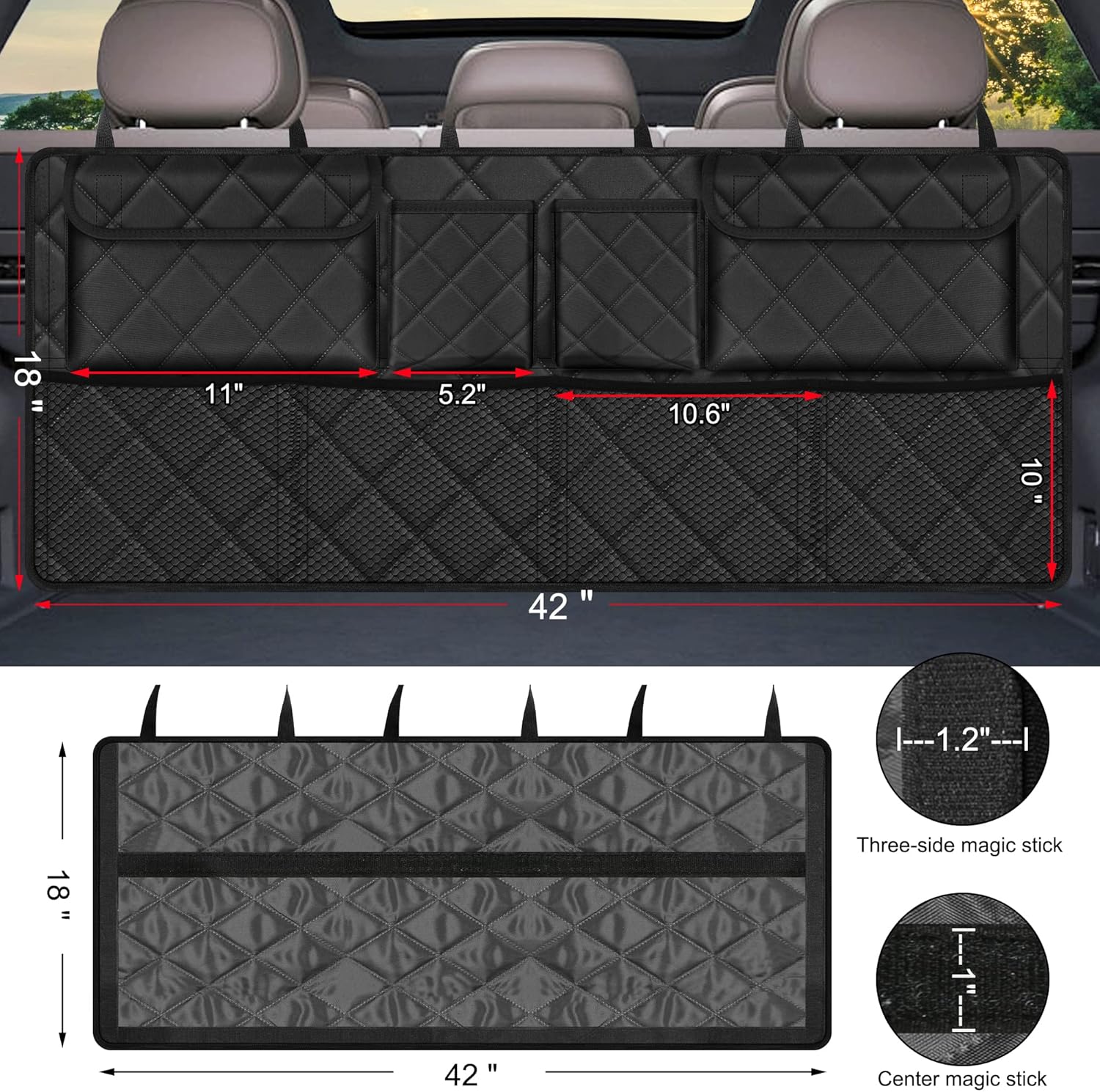 Car Trunk Organizer, Large Capacity Backseat Trunk Organizer (42"*18"), Collapsible Car Storage Bag with 8 Pockets