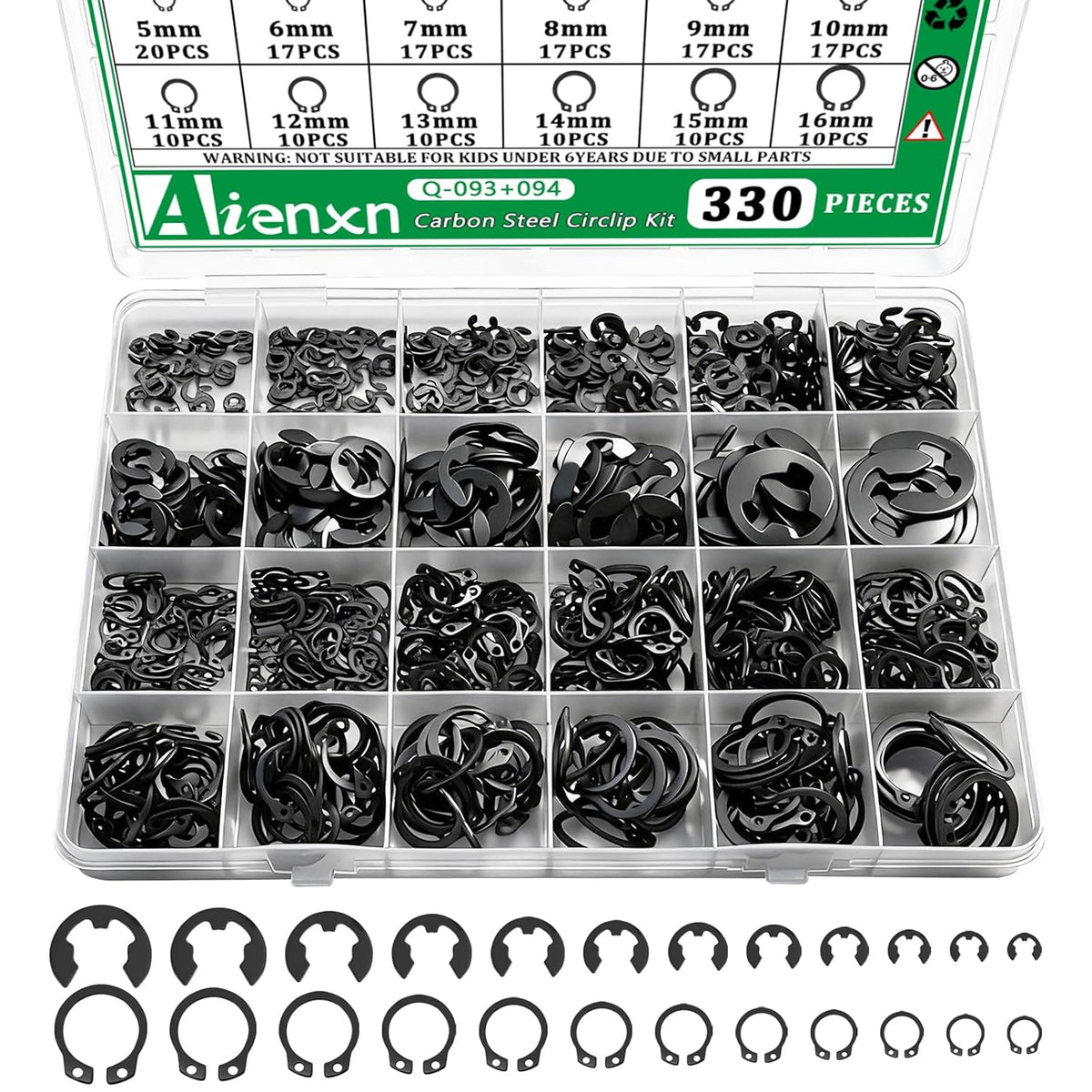 330PCS Snap Rings Kit, E Clips Kit (2-12MM) and C Clips Kit (5-16MM)