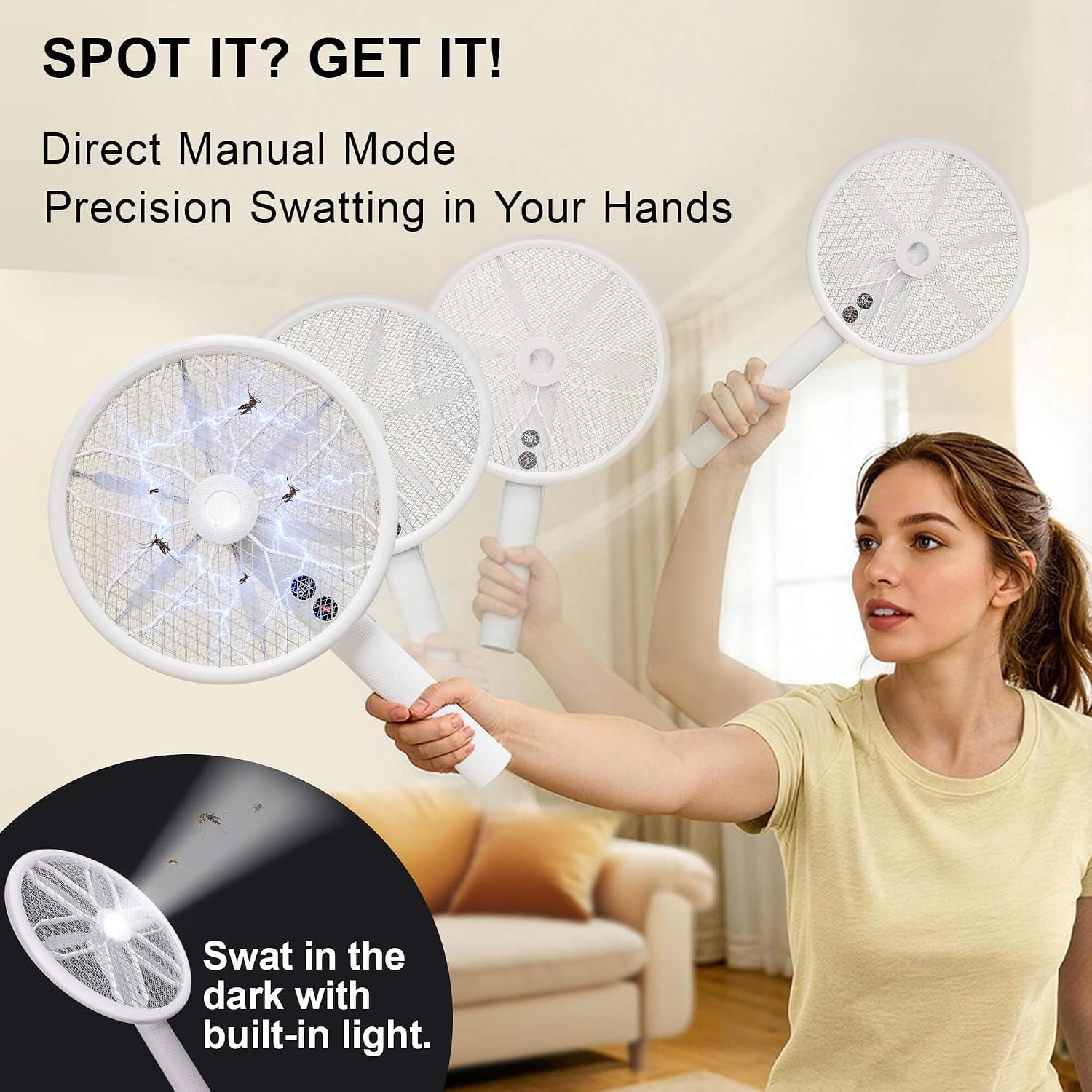 Rotating Head Electric Fly Swatter with 16–40" Telescopic Handle, 4000V | 2-in-1 UV USB Rechargeable Bug Zapper