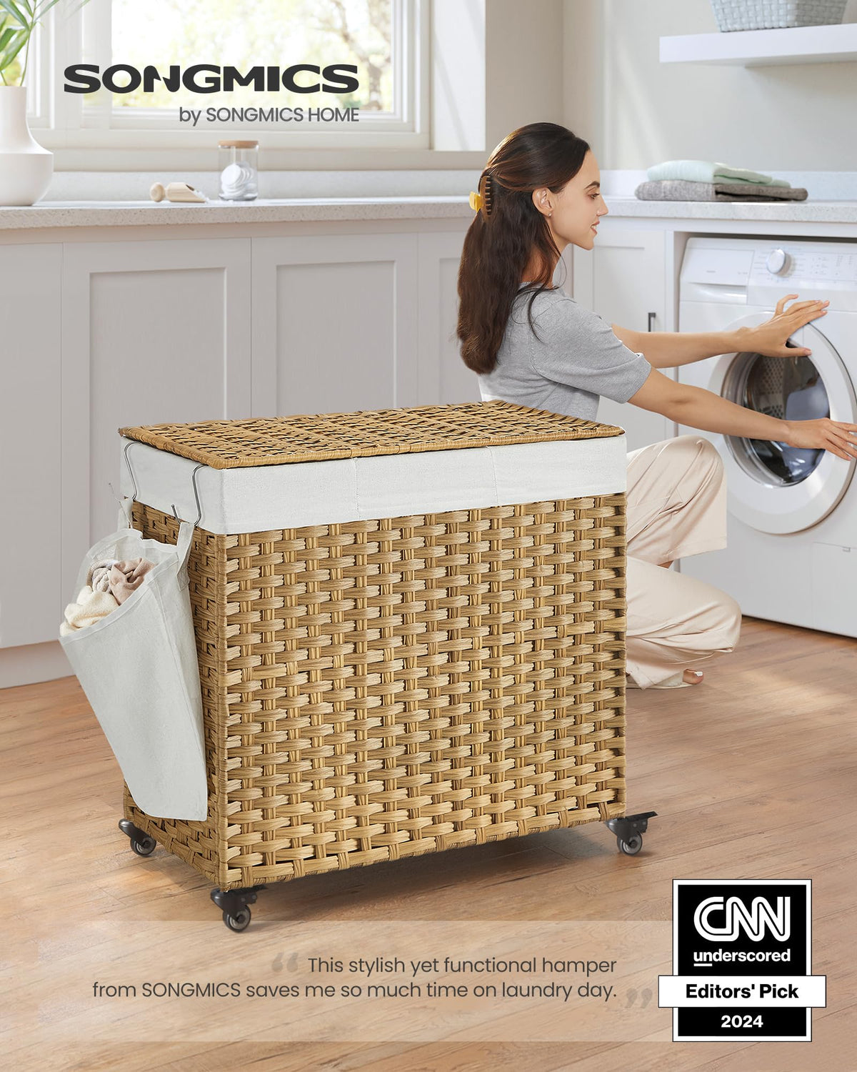 Rolling Laundry Hamper with Lid, 140 L Synthetic Rattan