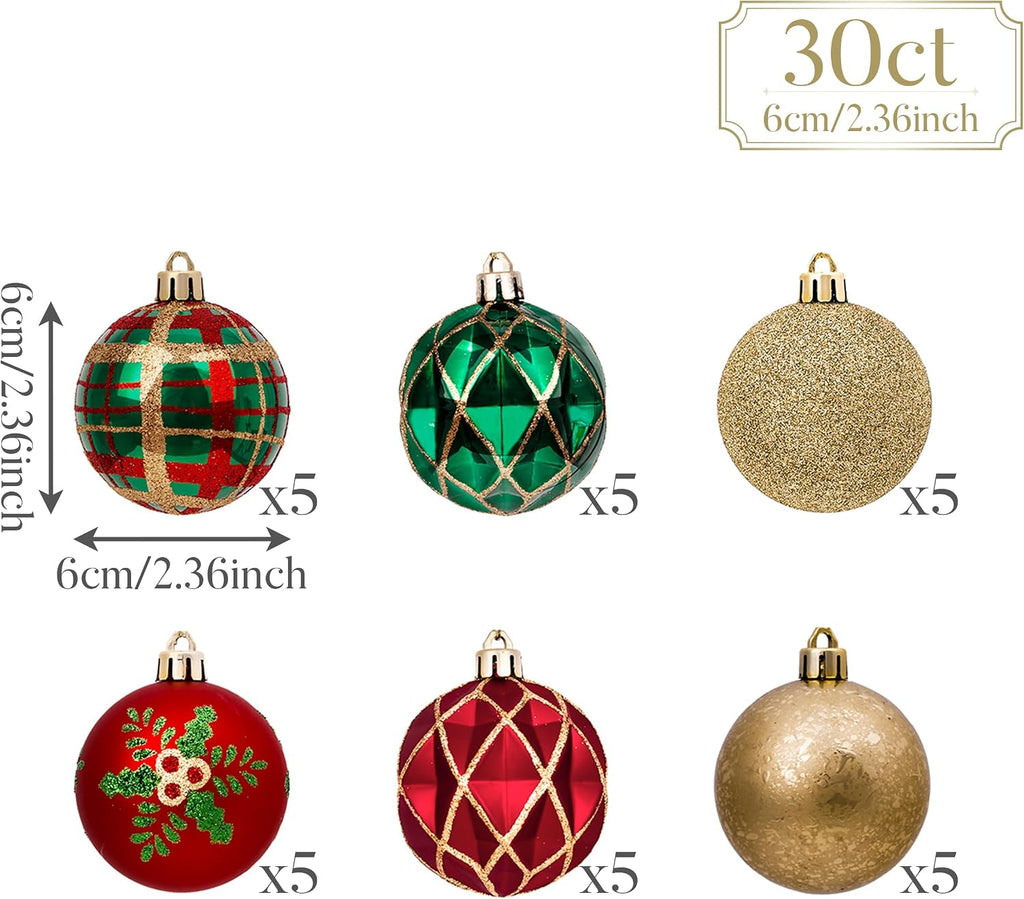 Christmas Ornaments Set, 30ct 2.36 Inches Red Green and Gold Shatterproof Christmas Tree Decorations Ball Ornaments