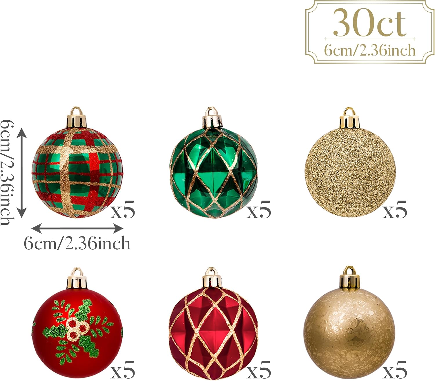 Christmas Ornaments Set, 30ct 2.36 Inches Red Green and Gold Shatterproof Christmas Tree Decorations Ball Ornaments
