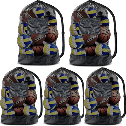 Extra Large Sports Ball Bag Mesh, 5PCS Soccer Ball Bag Heavy Duty Drawstring Bags, Team Work for Holding Basketball
