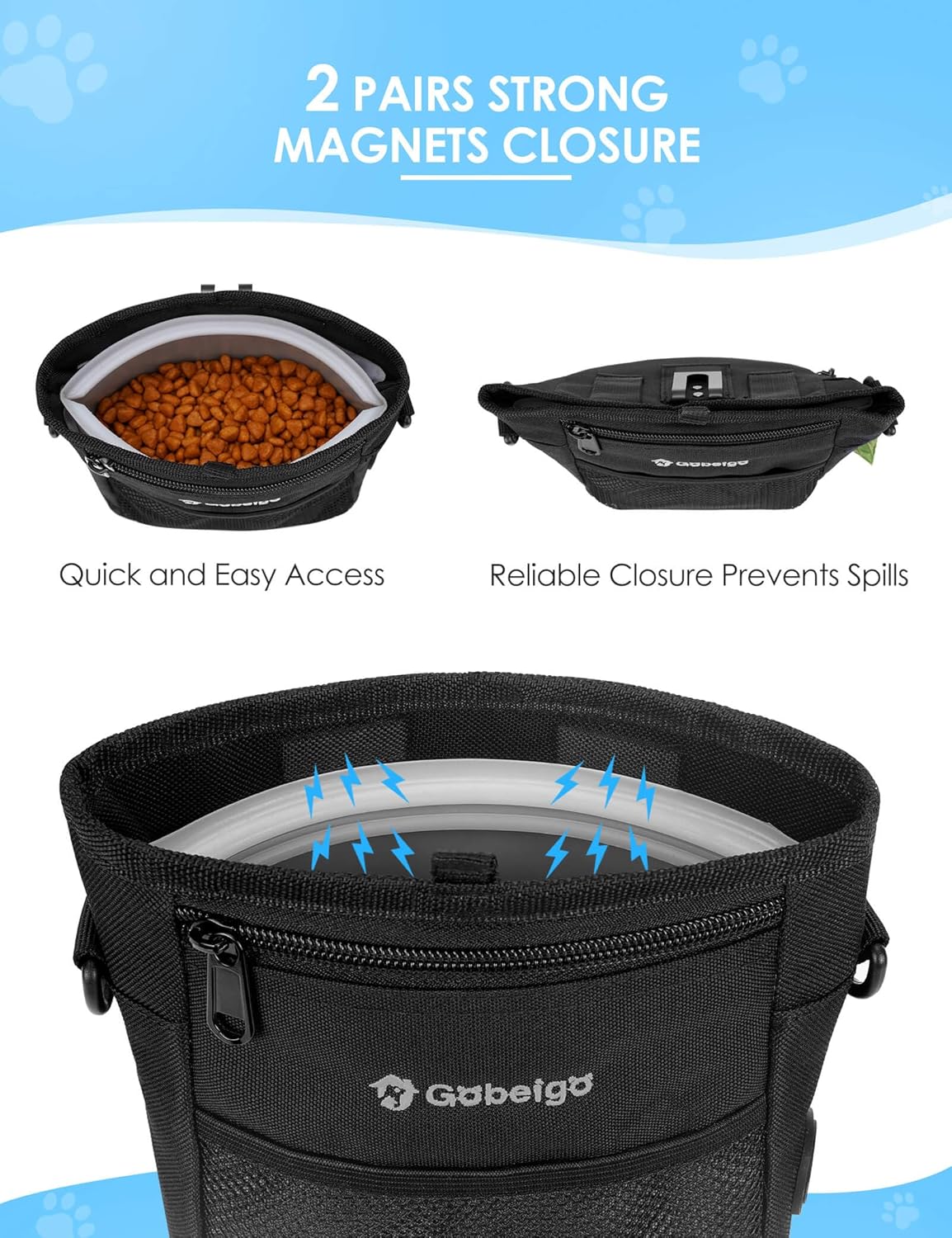 Dog Treat Pouch, Magnetic Closure & Sealable Silicone Bag Insert, 4-Cup Capacity – Belt Clip/Waist Belt/Crossbody