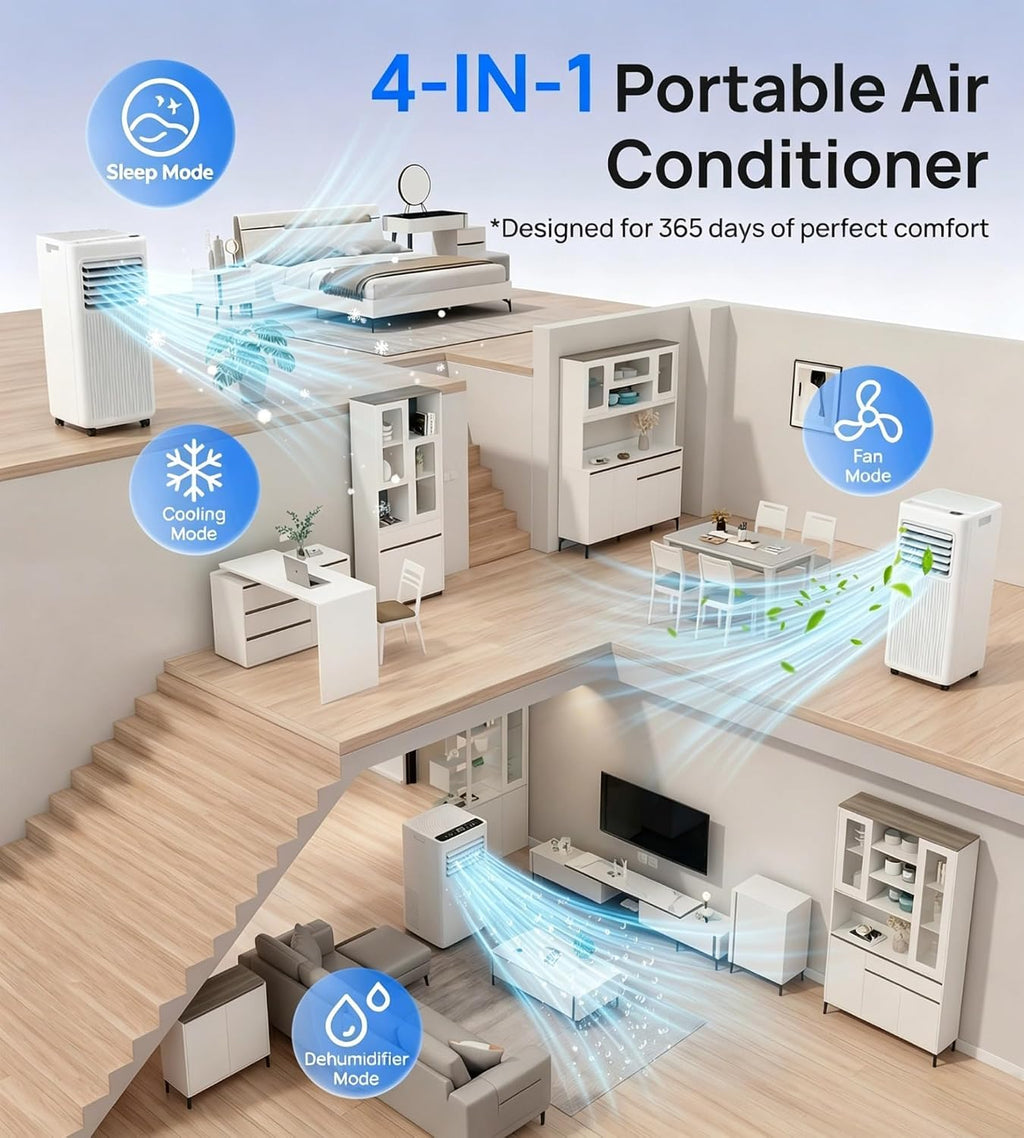 10,000 BTU Portable Air Conditioners,4-In-1 Portable AC Unit with Cool, Fan, Dehumidifier,Sleep,24H Timer,LED