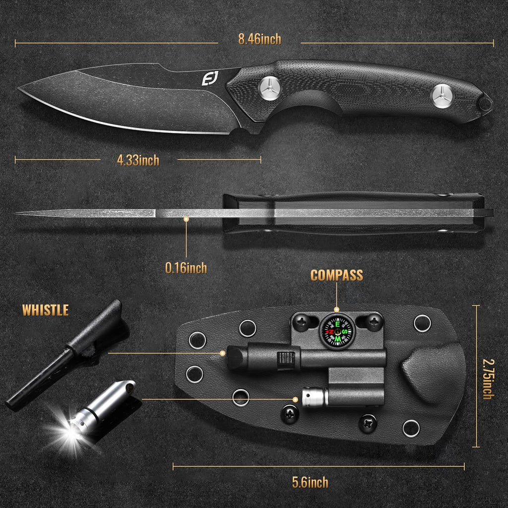 Fixed Blade Knife with Sheath, Black Stonewash Blade 4.33" Camping Knife with G10 Handle & Hidden Tool, Full Tang
