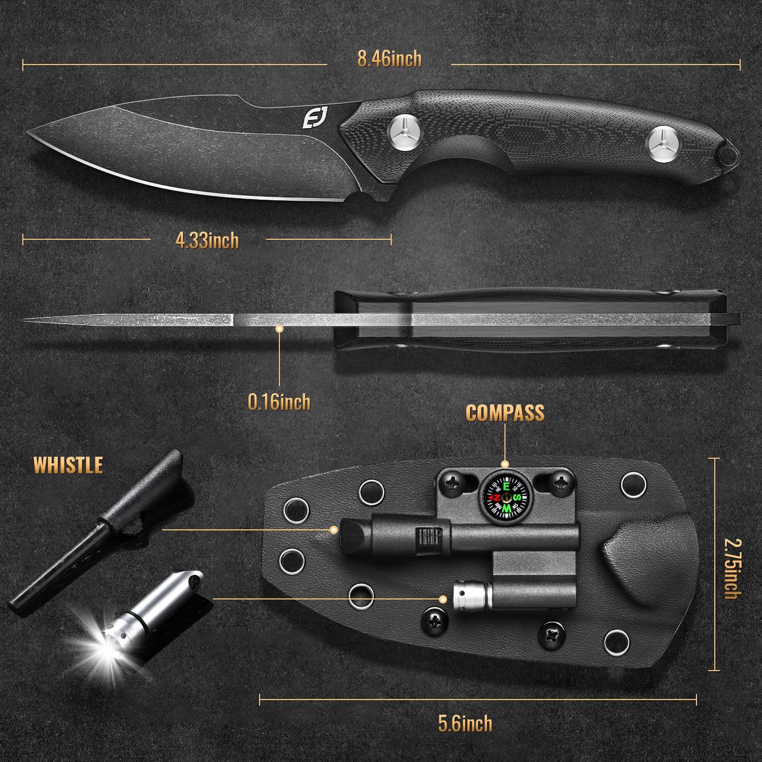 Fixed Blade Knife with Sheath, Black Stonewash Blade 4.33" Camping Knife with G10 Handle & Hidden Tool, Full Tang