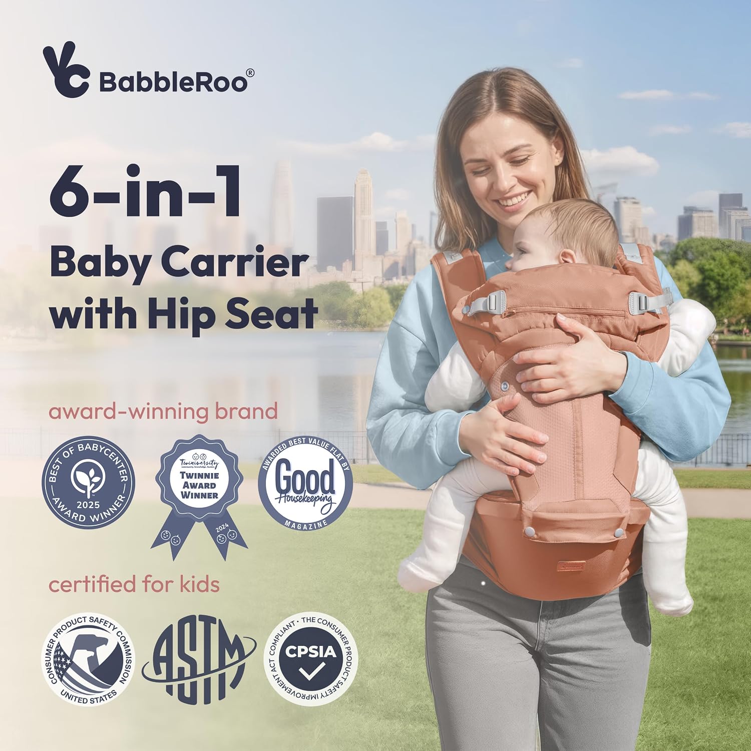 6-in-1 Baby Carrier with Hip Seat, Ergonomic Newborn to Toddler Carrier 7–50 lbs, Front Back Hip Carry, Lumbar