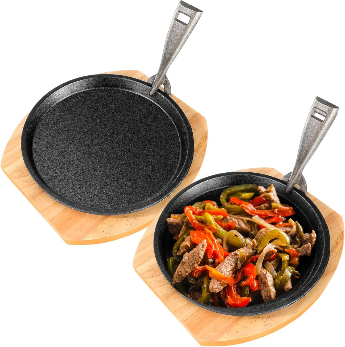 2 Set 10.3 Inch Cast Iron Fajita Plate Set with Wooden Base Anti Scald Protection Removable Handle Fajita Plate