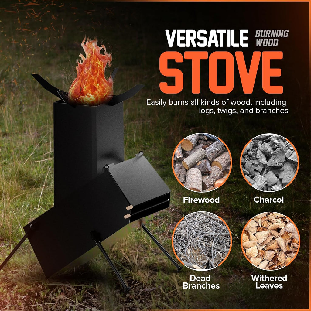Rocket Stove for Camping Heavy Duty Wood Burning Stove with Adjustable Legs, Portable Wood Burning Fire Camping