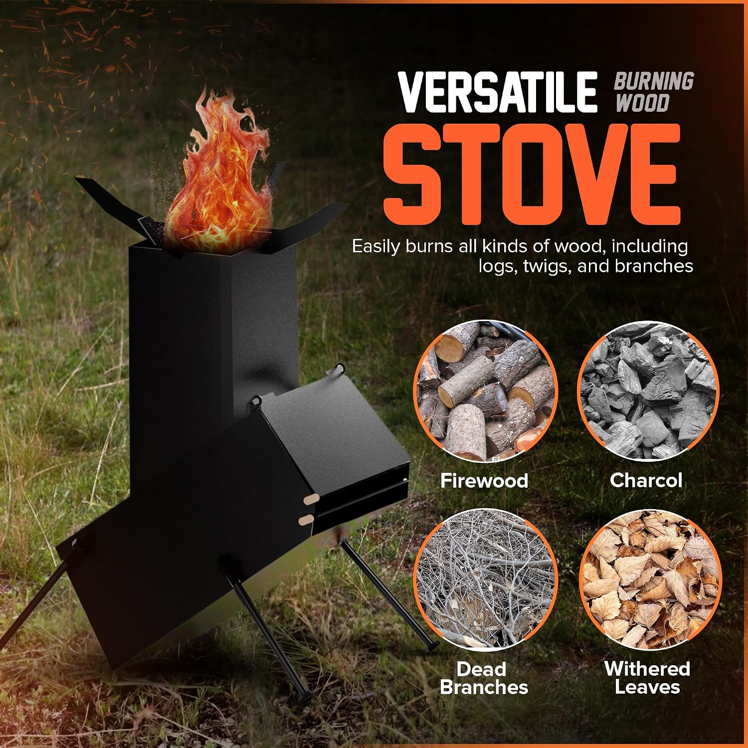 Rocket Stove for Camping Heavy Duty Wood Burning Stove with Adjustable Legs, Portable Wood Burning Fire Camping