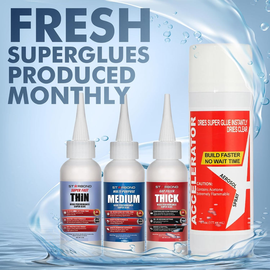 CA Glue with Activator Kit – Thin, Medium & Thick 2 oz Bottles with 6 oz Accelerator – Premium Cyanoacrylate Super