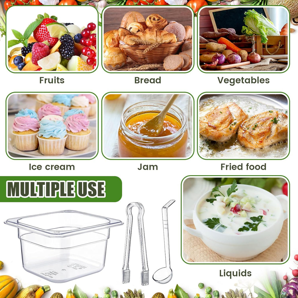 22 Pcs 1/6 Size Clear Food Pans Set Salad Bar Container, 4 Inch Deep
