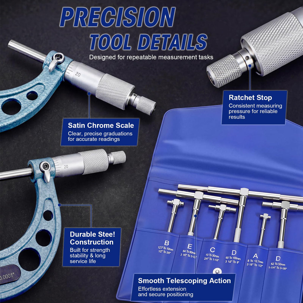Tallew 1 Set Micrometer Set 0-4", Telescoping Bore Gauge Machinist 5/16"-6"