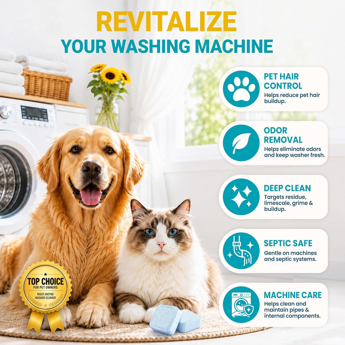 Washing Machine Cleaner Tablets for Pet Owners, Odor Remover, 24 Count
