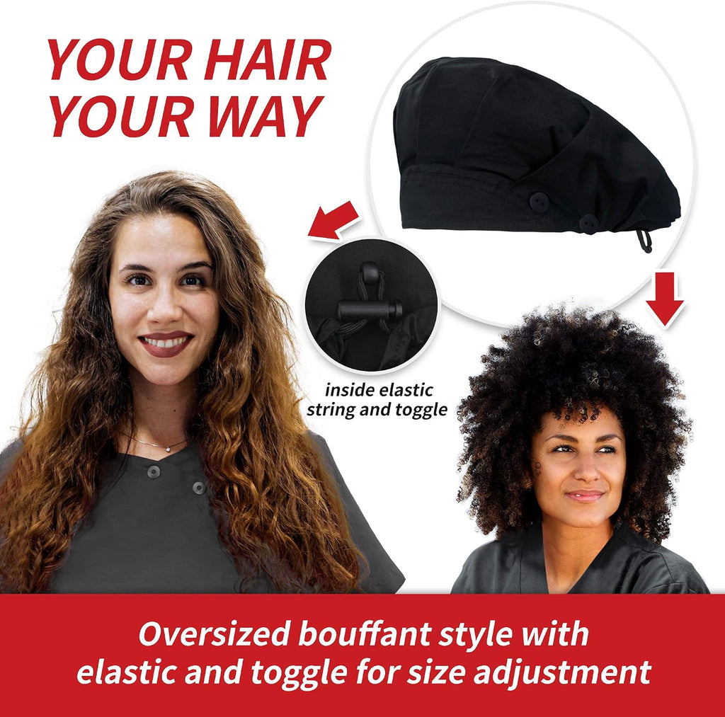 Bouffant Caps with Button and Sweatband, Adjustable Scrub Caps for Women Men, Satin Layer Black