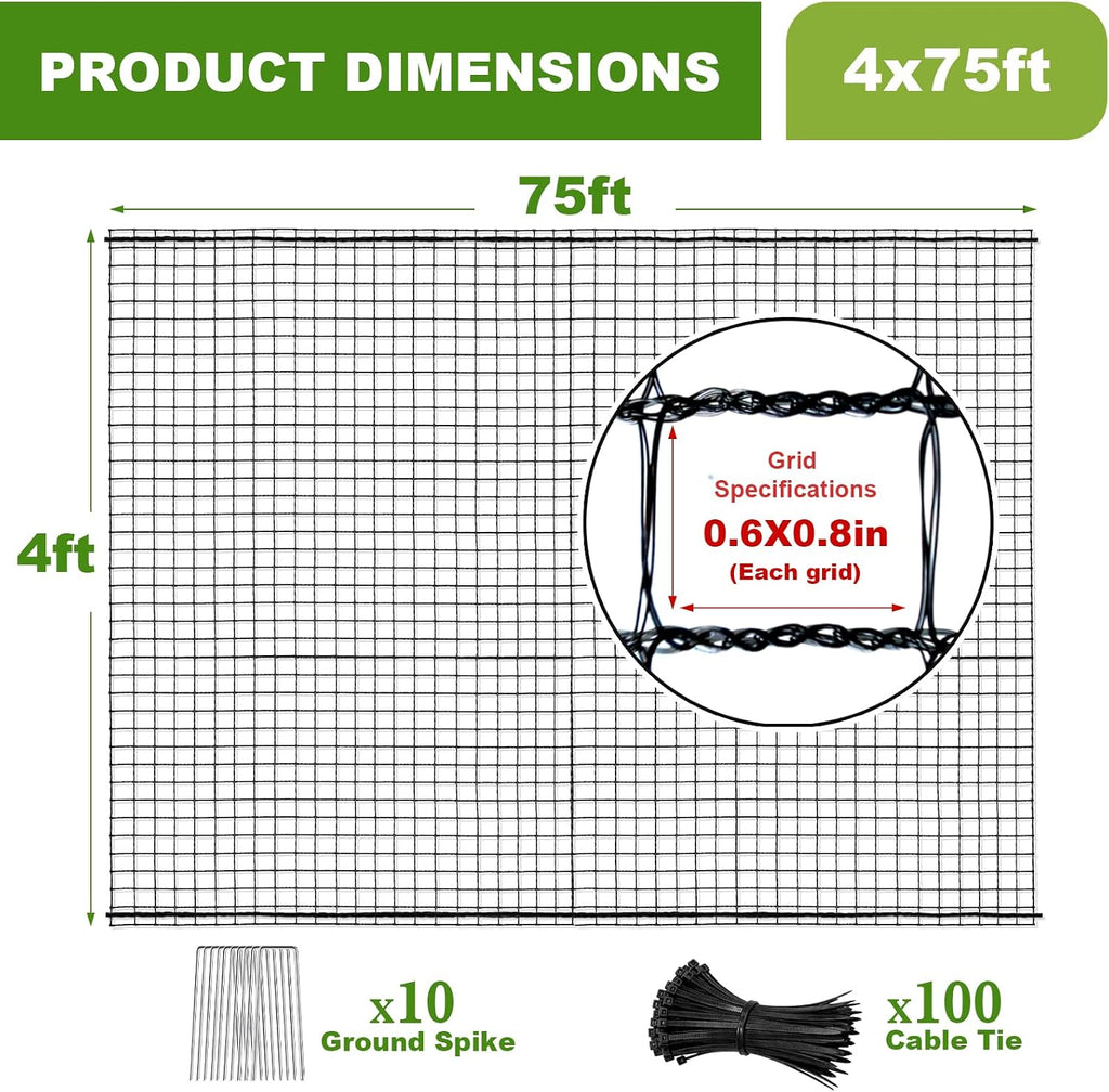 4x75FT Deer Fence Netting for Garden, 55GSM Plastic Mesh Temporary Fence