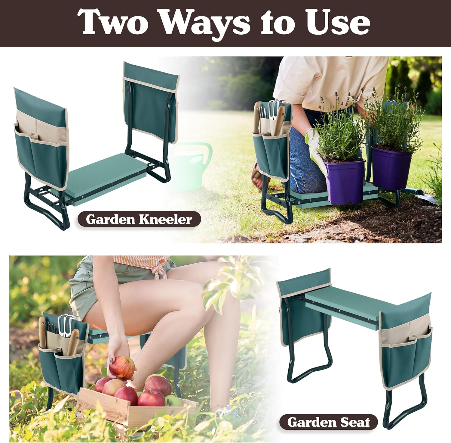 Garden Kneeler and Seat - 2-in-1 Foldable Garden Kneeling Pad and Stool with Removable Pockets for Gardening Tools