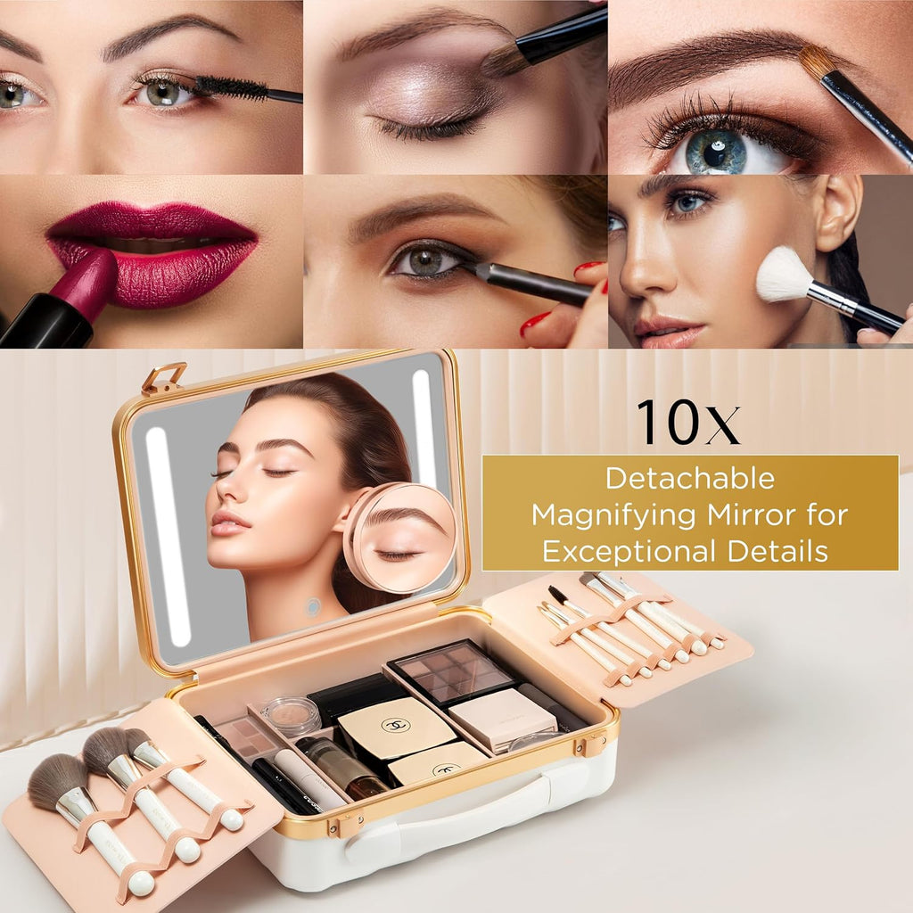 Lighted Makeup Case with Mirror + 10x Mini Mirror - Portable, 3 LED Modes, Adjustable Dividers I Travel Makeup Train